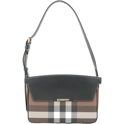 BURBERRY 巴寶莉 Catherine 格紋拼接小牛皮翻蓋肩背腋下包(深樺木棕)