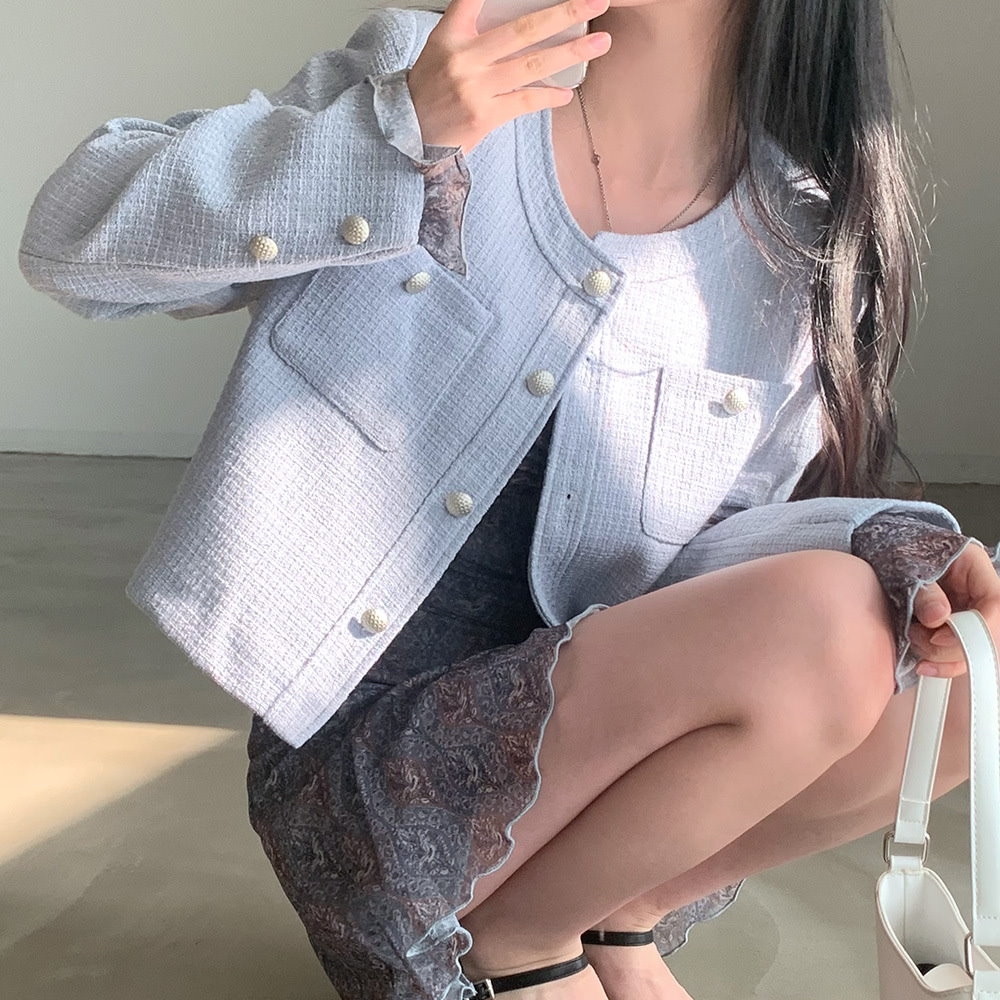 MOCO韓版chic高級感名媛風圓領單排釦百搭雙口袋粗花呢西裝外套