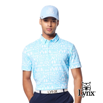 【Lynx Golf】男款吸濕排汗機能滿版高爾夫GOLF左臂繡花領尖扣造型短袖POLO衫/高爾夫球衫-水藍色