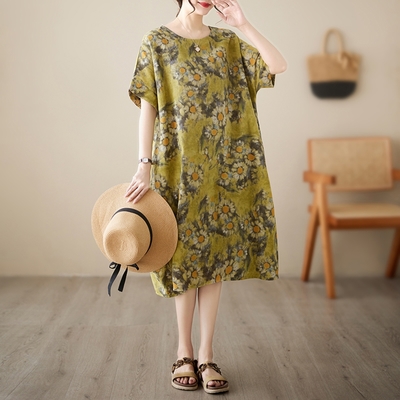 AKARA 涼感 棉麻 大碼 清質感棉麻芥末綠洋裝 3XL可(涼感 棉麻 中大尺碼)