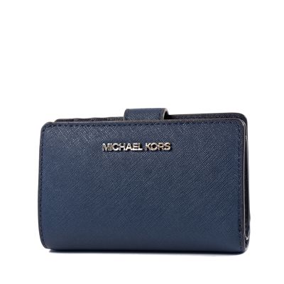 MICHAEL KORS 銀字LOGO素面防刮皮革釦式中夾-海軍藍