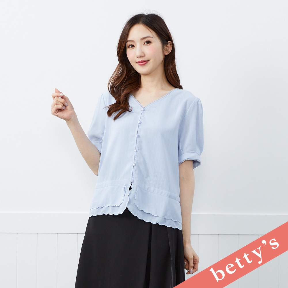 betty’s貝蒂思　下擺雲朵邊刺繡V領上衣(淺藍) (淺藍)