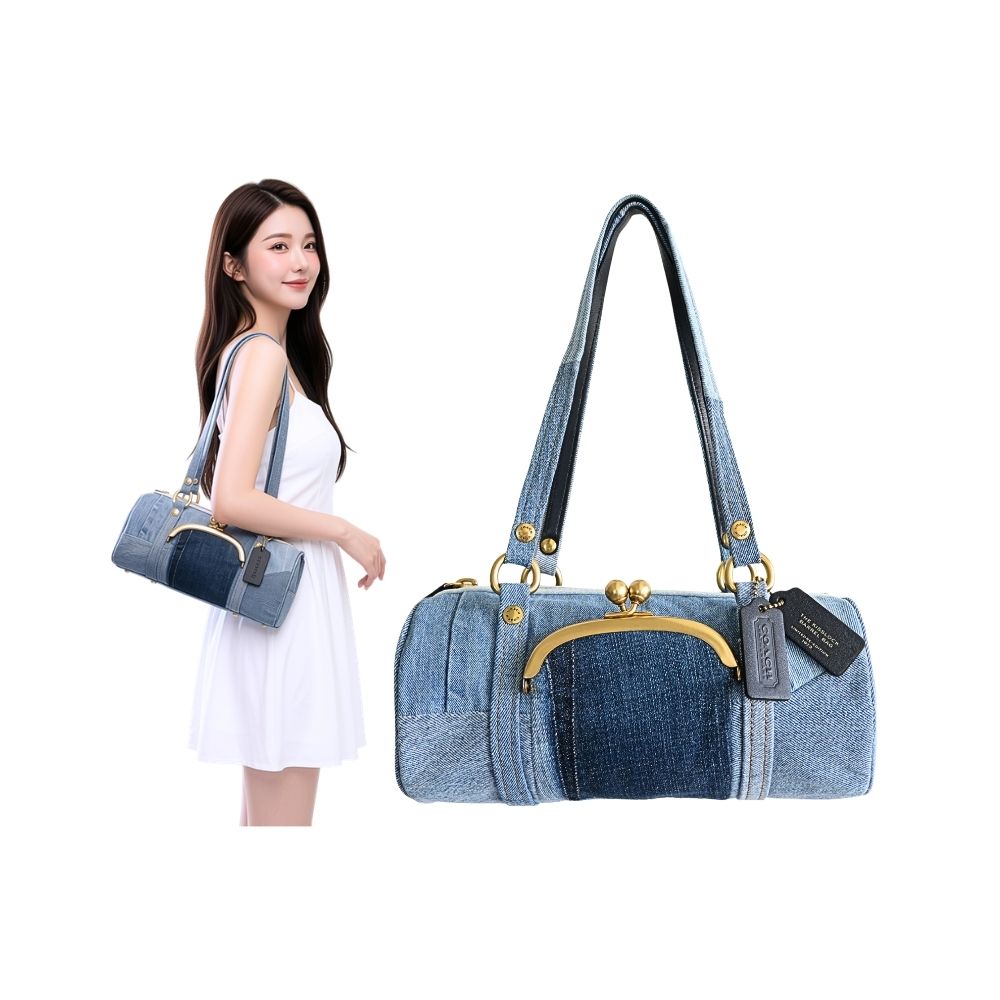 COACH 丹寧布 KISSLOCK BARREL 28圓筒手提/肩背包
