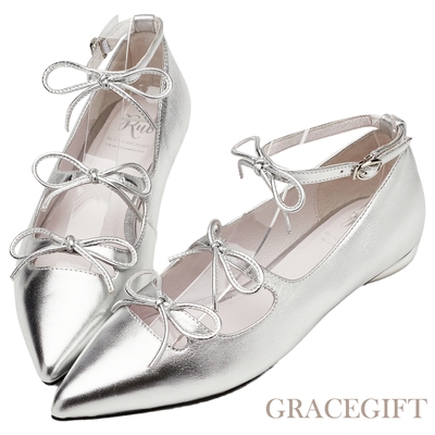 【Grace Gift】小貓聯名-浪漫邂逅全真皮尖頭蝴蝶結芭蕾平底鞋 銀