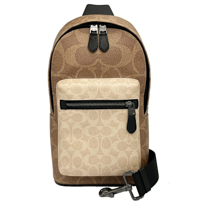 COACH 男款C LOGO胸前包/單肩斜背包(前拉鍊-焦糖/米白)