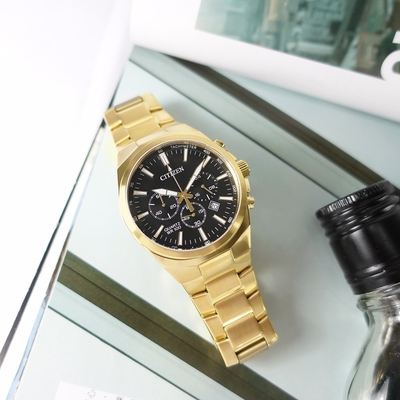 CITIZEN 星辰錶 / AN8173-51E / 經典商務 三眼計時 日期 防水100米 不鏽鋼手錶-黑x鍍金/40mm