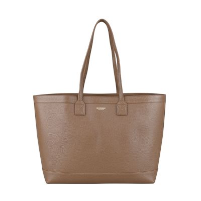 BURBERRY經典燙金Logo格紋內襯素色粒面小牛皮肩背包托特包(大/大地棕x格紋)