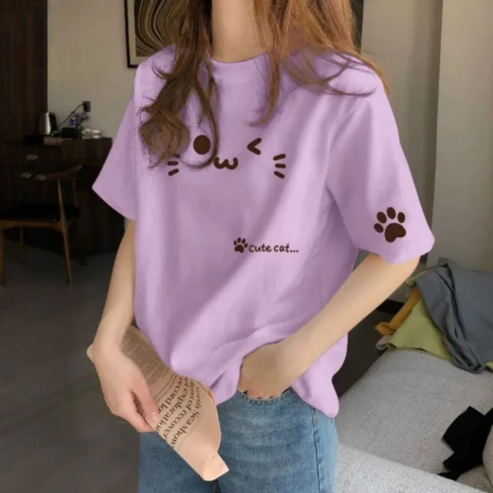 【LANNI 藍尼】★貓咪表情印花百搭圓領T恤(女裝/短袖上衣/休閒/日系/通勤) (紫)