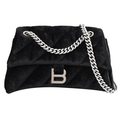 BALENCIAGA巴黎世家 BALENCIAGA CRUSH 金屬B LOGO天鵝絨斜背鍊包/沙漏包(黑)