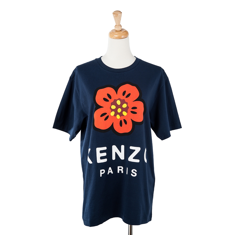 Kenzo X Nigo 聯名新款海棠花圖騰可愛英文字母短䄂寬版男款T恤(藍色