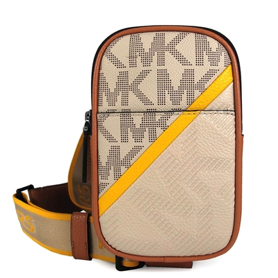 MICHAEL KORS Cooper 防刮滿版MK皮滾邊斜條紋手機單肩胸/斜揹包(卡其黃)
