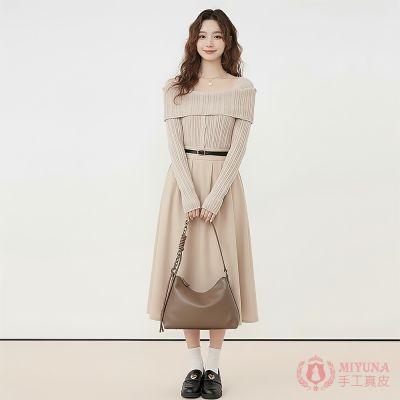 【MIYUNA米友娜】真皮頭層牛皮柔軟細緻HOBO托特包手提肩背斜背包(真皮包包 卡其灰)
