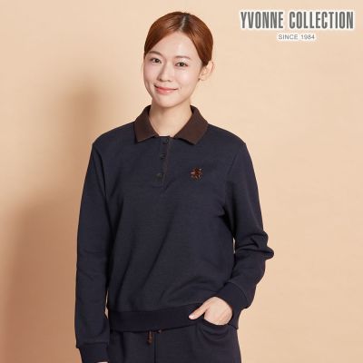 YVONNE 以旺傢飾 伯恩熊繡花半開襟長袖上衣-深丈青