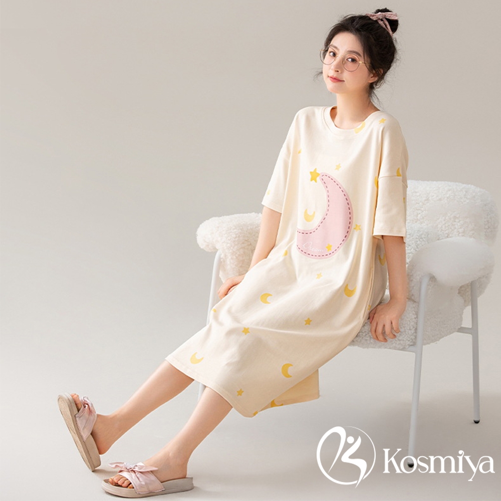 【Kosmiya】1件 純棉印花短袖睡裙/女睡衣/睡衣/居家服/連身洋裝/洋裝(6色可選/均碼/加大碼) (米色月亮(638))