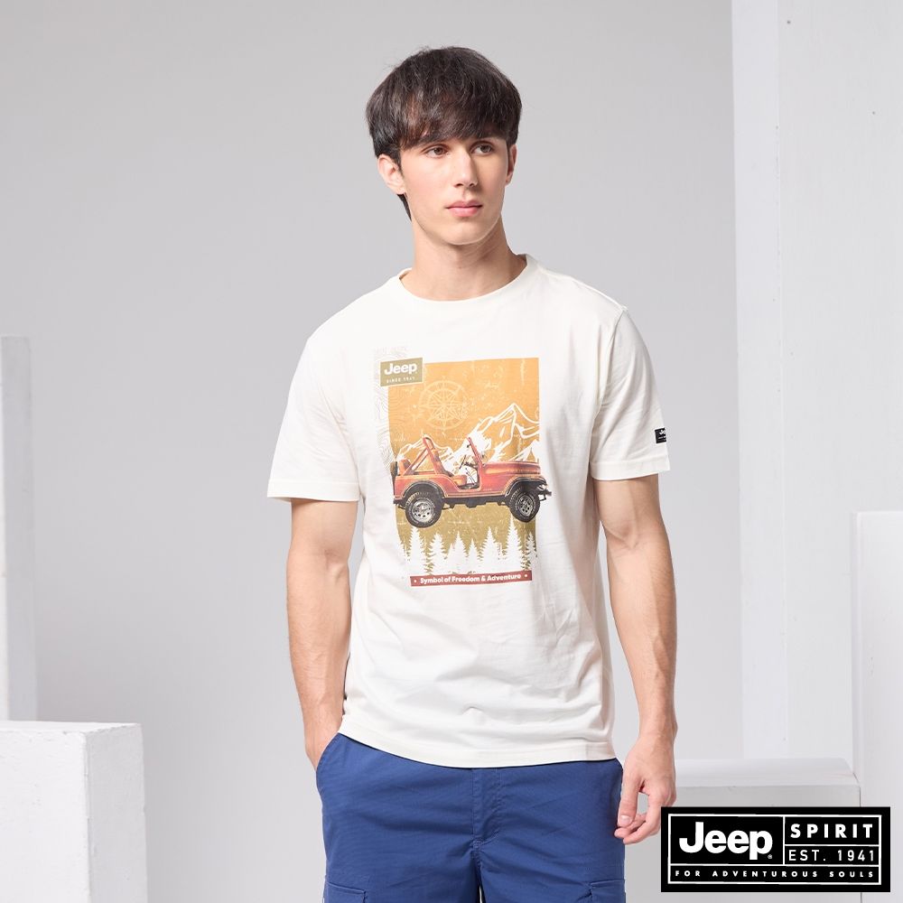 JEEP 男裝 美式越野車冒險短袖T恤-米白色