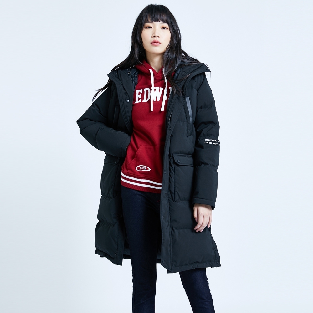 EDWIN EFS 機織連帽長版羽絨外套-男-黑色| 羽絨外套| Yahoo購物中心