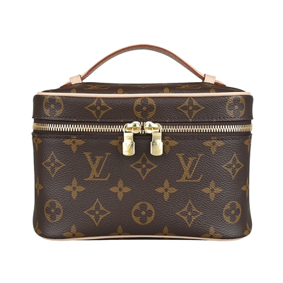 LOUIS VUITTON路易威登 LV Nice Mini滿版印花LOGO塗層帆布結合牛皮拉鍊手提梳洗化妝包(棕褐)