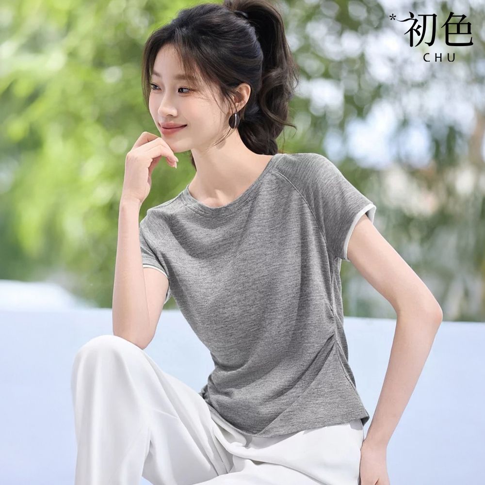 初色 簡約休閒素色圓領假兩件褶皺收腰短袖T恤上衣-灰色-51041(M-2XL可選)