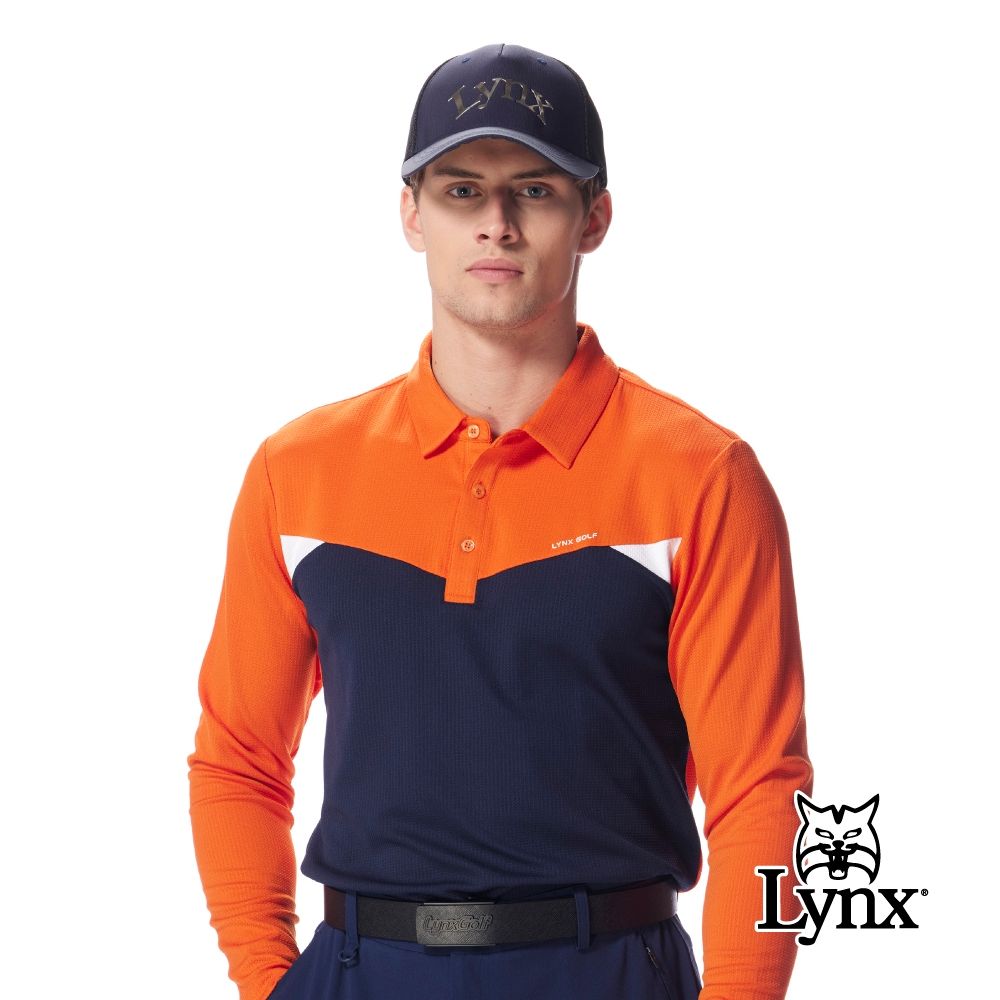 【Lynx Golf】首爾高桿風格！男款吸濕排汗撞色三角拼接造型長袖POLO衫(二色) (橘色)