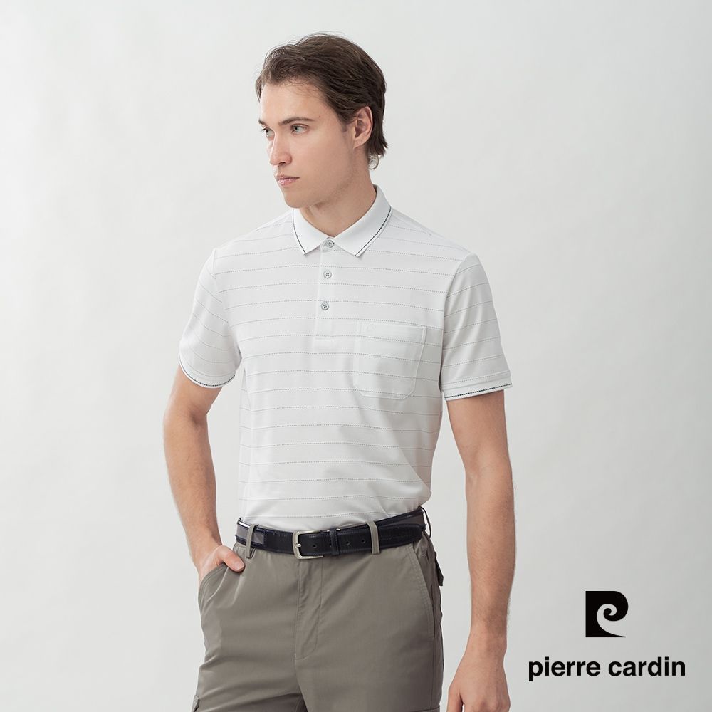 pierre cardin 皮爾卡登 休閒服飾 男款 領袖滾邊細條紋短袖POLO衫-白色(5267271-90)