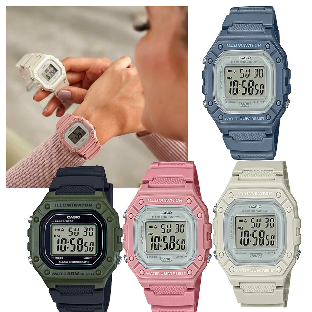CASIO 復古風造型實用多色方款數位休閒錶-4色任選-(W-218HC) / 43.2mm / 考試錶