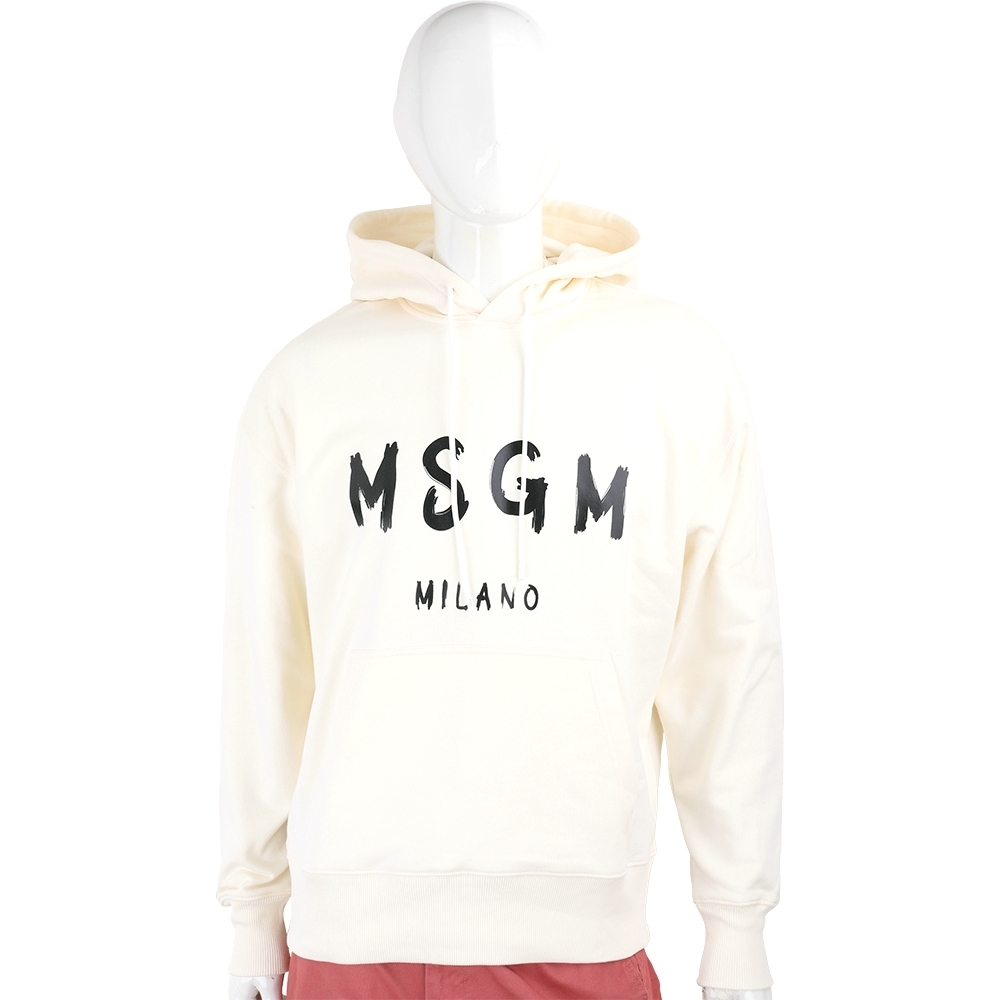 MSGM 黑字母羅紋拼米黃色棉質連帽長袖口袋運動衫 大學T(男款)