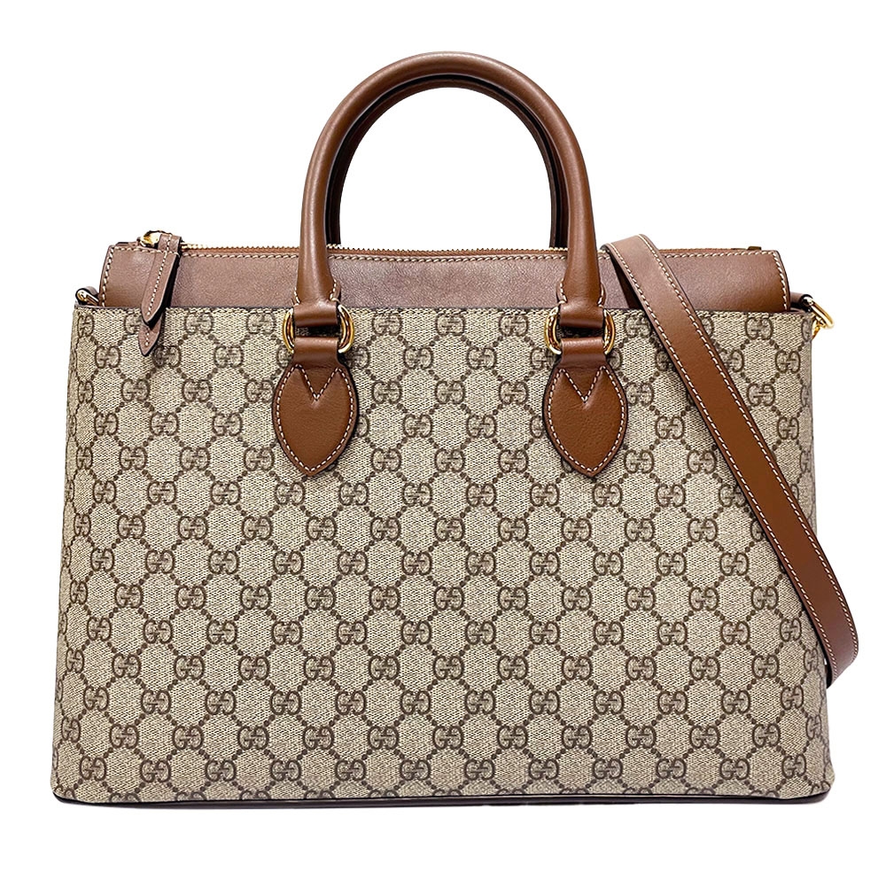 【GUCCI 古馳】779781 經典LOGO帆布皮革拉鍊手提斜背兩用包(棕色)