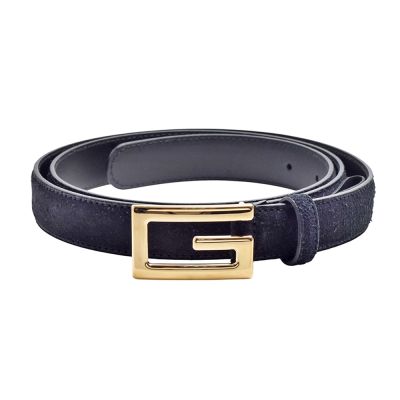 GUCCI 經典金屬G LOGO麂皮腰帶/皮帶(黑/金)