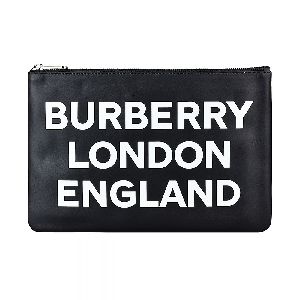BURBERRY 巴寶莉 白字LOGO牛皮6卡拉鍊手拿包(黑)