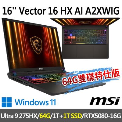 msi微星 Vector 16 HX AI A2XWIG-014TW 16吋 電競筆電(Ultra 9 275HX/64G/1T+1T/RTX5080-16G/W11-64G雙碟特仕版)