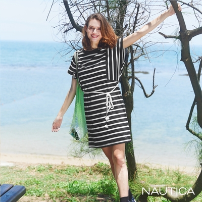 Nautica女裝 撞色條紋拼接短袖洋裝-黑