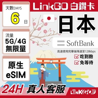 LINKGO白鑽卡 日本原生 eSIM卡 Softbank 6天吃到飽 不降速(日本網卡 東京 大阪 福岡 北海道 沖繩)
