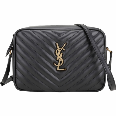 YSL Saint Laurent LOU 仿舊字母絎縫小牛皮肩/斜背相機包(金字/黑色)