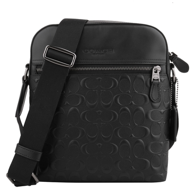 COACH 防刮拼接浮雕LOGO皮革拉鍊直式斜背包(黑)