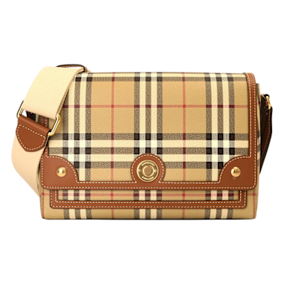 BURBERRY NOTE 經典PVC 格紋磁釦斜背包(卡其x棕木)中