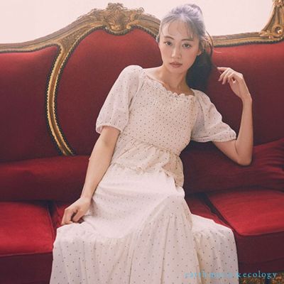 〚earth music〛【SET ITEM】圓點圖案摺邊方領短袖上衣+ALINE剪裁長裙