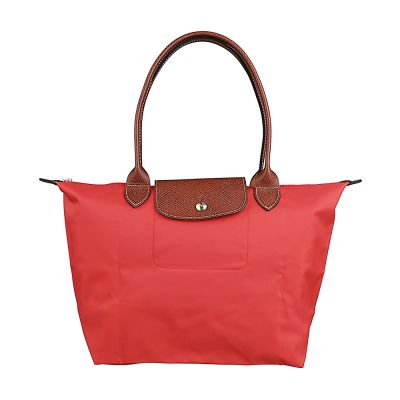 LONGCHAMP LE PLIAGE 烙印LOGO尼龍折疊長提把釦式拉鍊肩背水餃包(番茄紅)