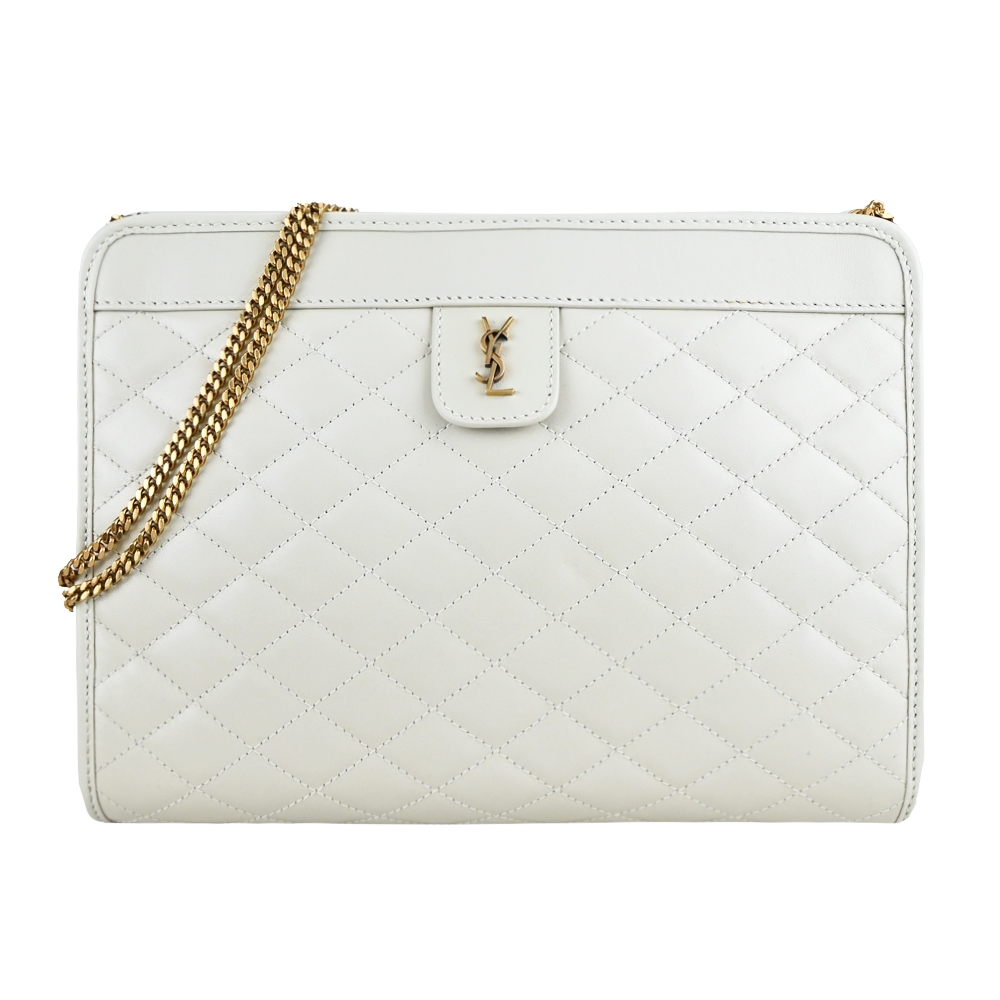 YSL  SAINT LAURENT VICTOIRE金屬LOGO縫線小羊皮肩背/斜背包(金X白)