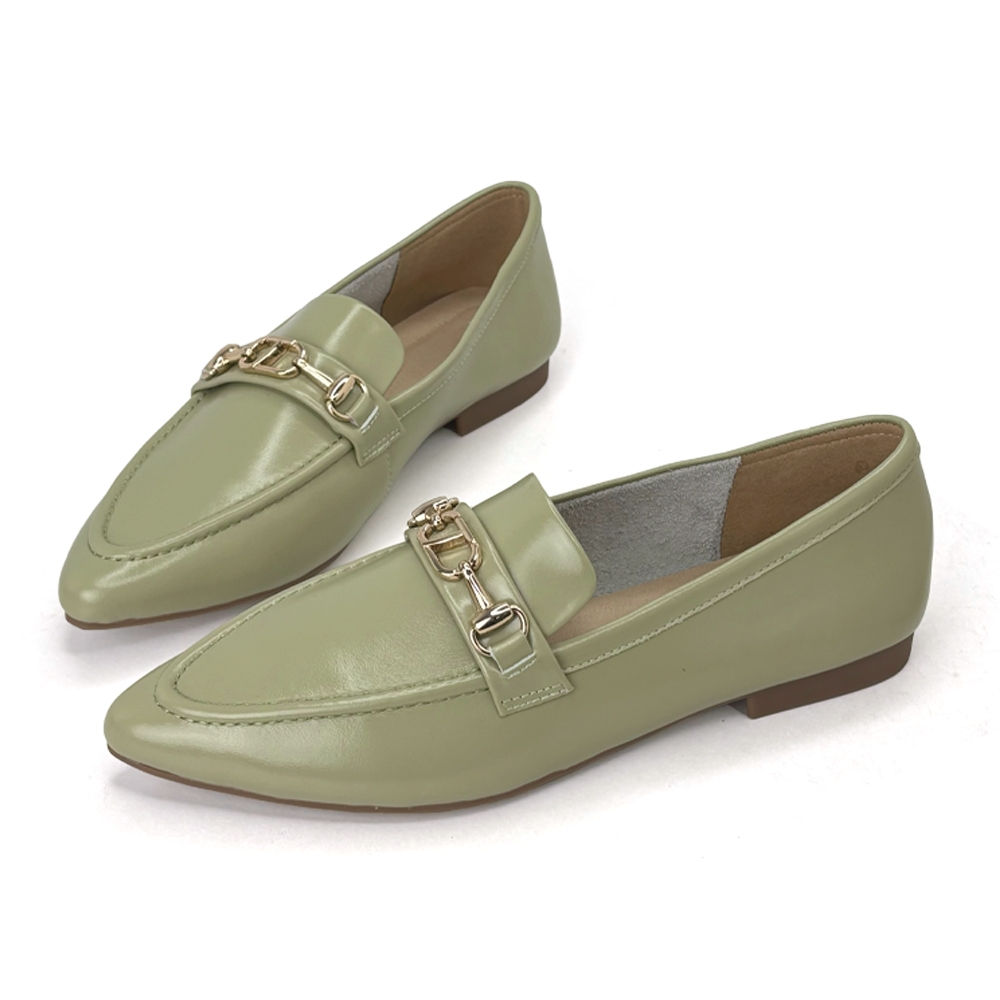Robinlo 真皮尖頭時髦亮眼金屬鍊樂福鞋 LETA 奶茶灰/法式黑/酪梨綠 (酪梨綠)