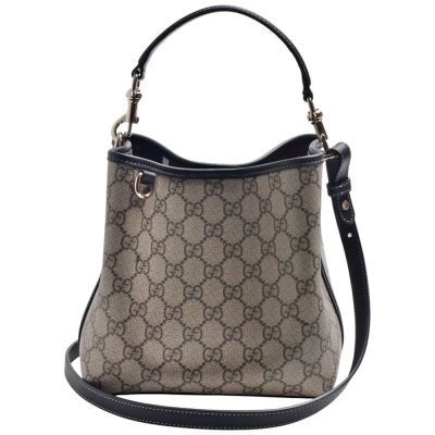 GUCCI 經典Emblem系列GG Monogram印花帆布多夾層手提/斜背水桶包(黑色)