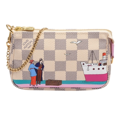 LV Louis Vuitton路易威登 N41669 節慶限量款Damier廣告插畫拉鍊手提包(迷你-粉紅)