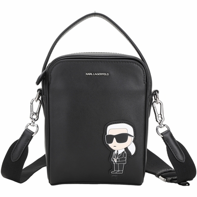 KARL LAGERFELD 卡爾 老佛爺Q版壓花金屬字母LOGO牛皮手提/斜背包(黑色)