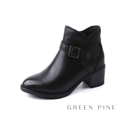 GREEN PINE尖頭刷色羊皮側V粗跟短靴黑色(00861282)