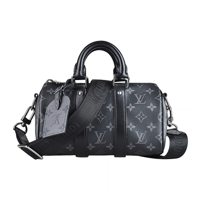 LOUIS VUITTON路易威登 LV M46271 KEEPALL BANDOULIERE 25黑字LOGO緹花Monogram Eclipse Reverse塗層帆布拉鍊手提斜背波士頓包(灰黑)
