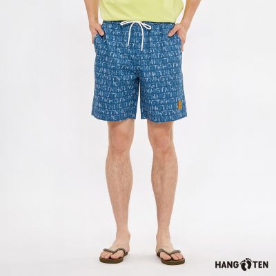 Hang Ten-男裝-滿版HGTN印花抽繩短褲-鈷藍