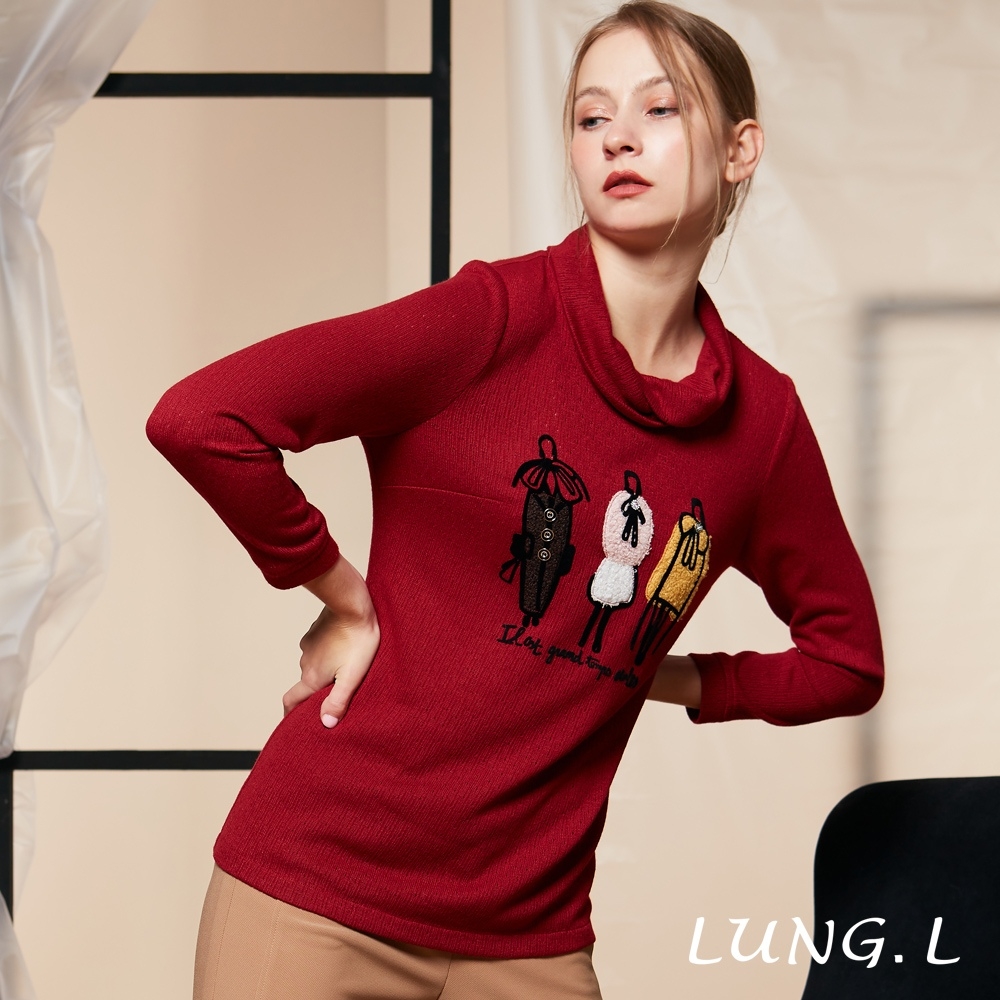 LUNG.L林佳樺 紅色童趣貼布繡翻領長版長袖女裝上衣LQ85A