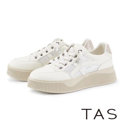 TAS 亮片牛貼皮免綁帶厚底休閒鞋 米色