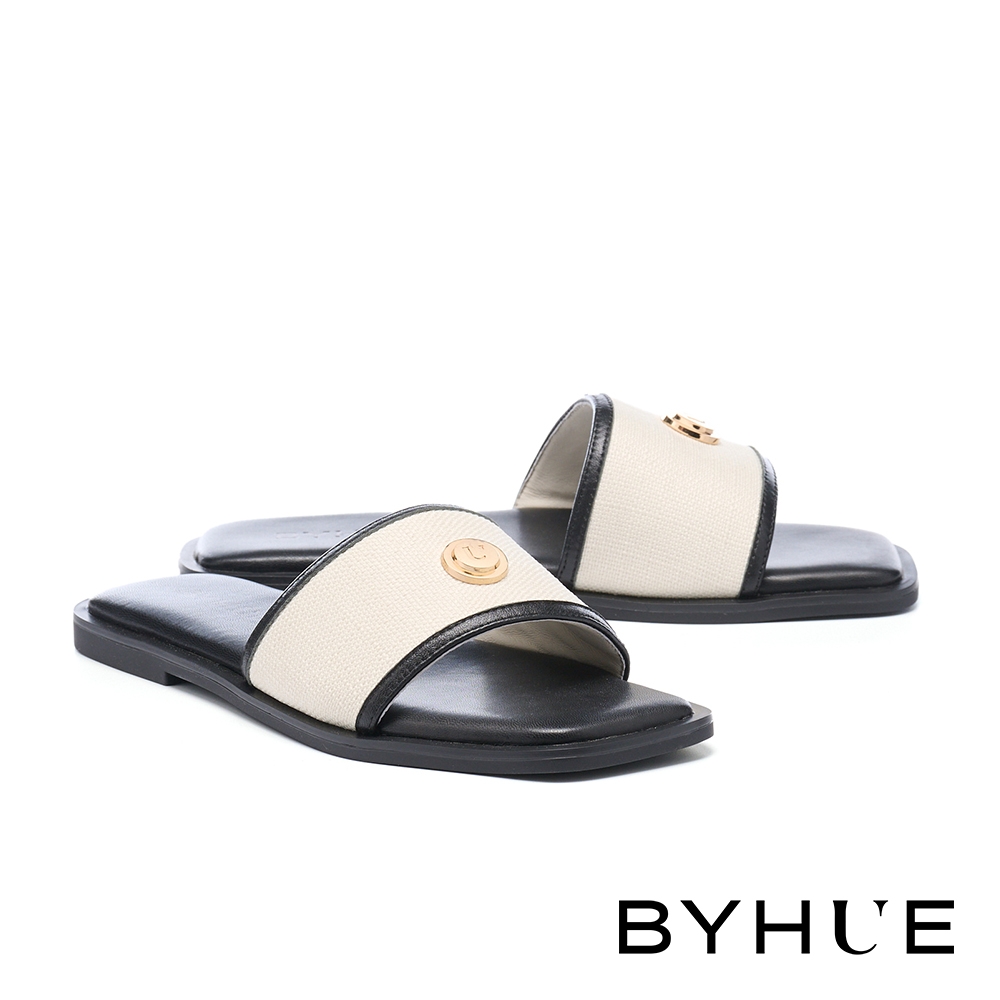 拖鞋 BYHUE 韓系LOGO草編拼接羊皮軟芯方頭平底拖鞋－黑
