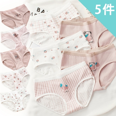 【enac 依奈川】甜蜜草莓熊印花棉質內褲/無痕內褲/性感內褲/女內褲 (超值5件組-隨機)