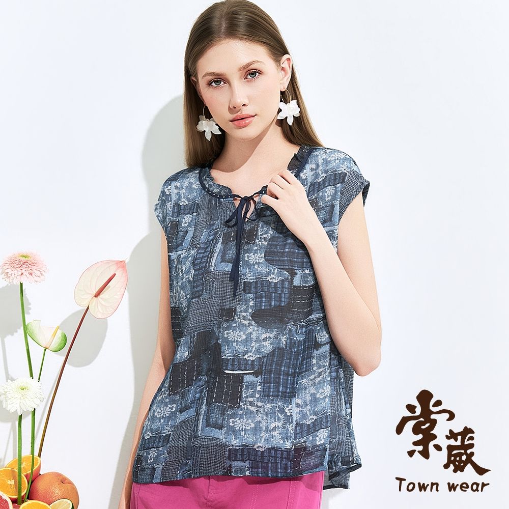 【TOWNWEAR棠葳】靜雅藍花卉雪紡上衣(中大尺碼/女上衣/女上著/荷葉領) (藍色系)